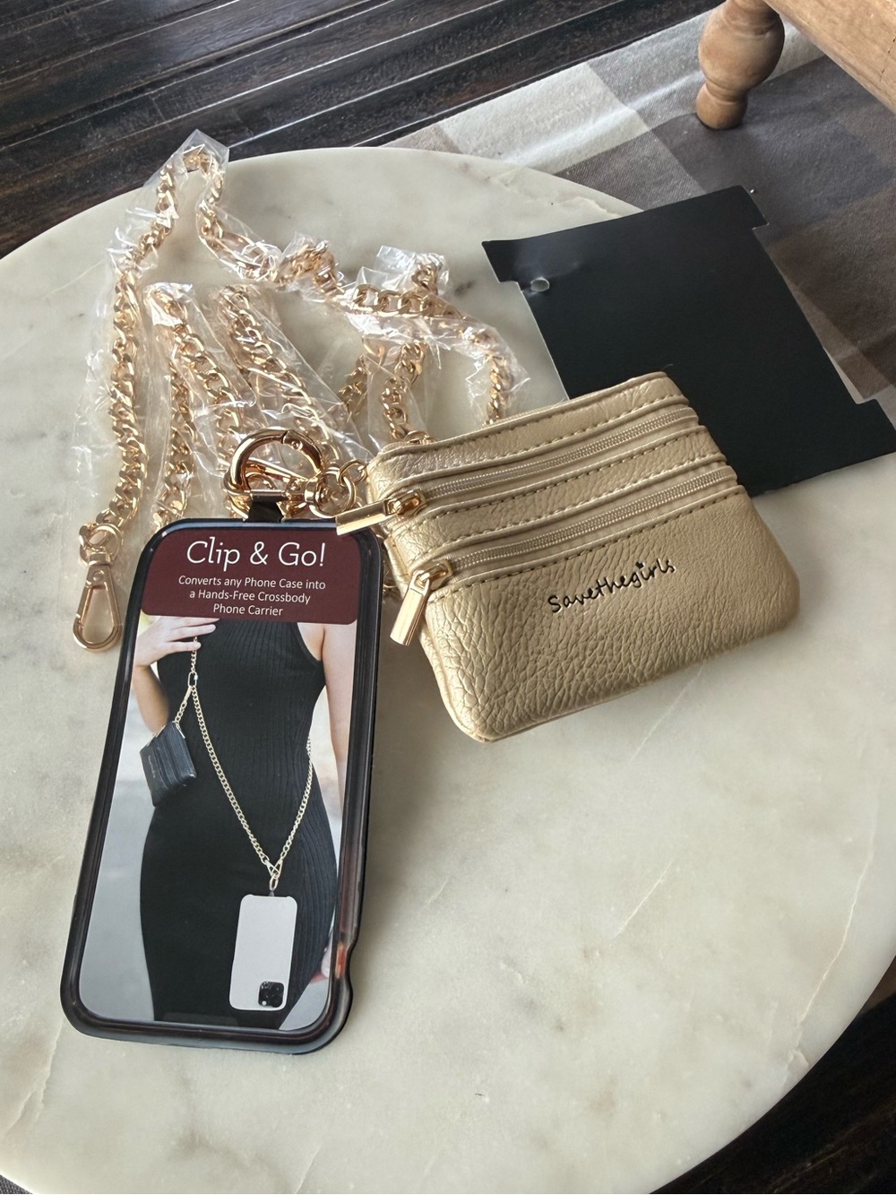 Save the Girls Clip & Go Gold Chain & Mini Pouch NWT